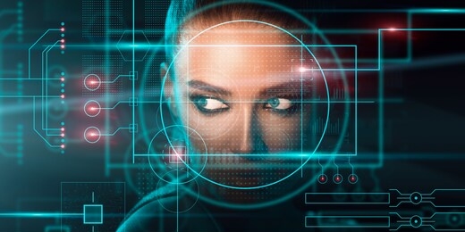 facial recognition concept. computer system scanning face of beautiful female, creative collage in futuristic design, panorama