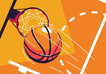 vector illustration of a basketball flying into a basketball hoop, top view, with a piece of marking of the baskotball court