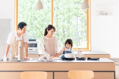 family cooking in the kitchen