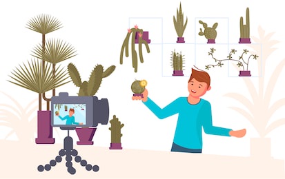 man blogger shooting video content for broadcast social media networking concept. freelancer creates growing and caring for cactus and succulents growing blog. flat art rastered copy