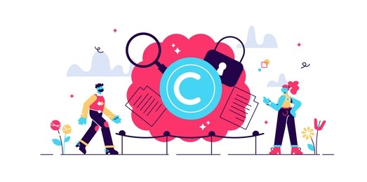 intellectual property vector illustration. flat tiny author persons concept. idea legal owner information protection with trademark and copyright. data license trade or piracy and plagiarism control.