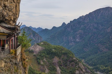 chinese temple in the cliff and mountain scenery (wenzhou yandang mountain in china.)