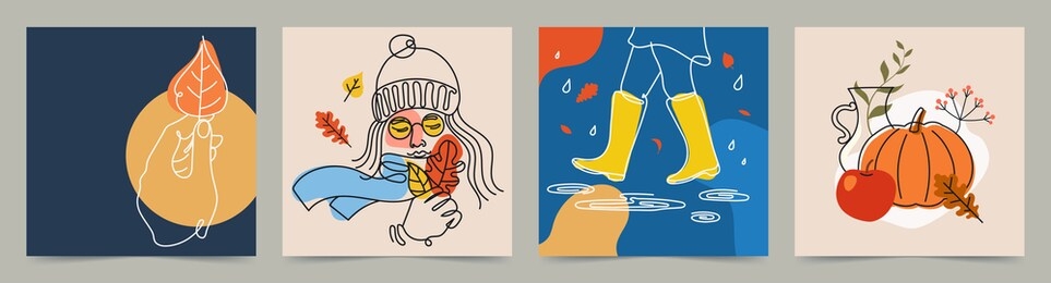 abstract autumn backgrounds in minimal style with linear silhouettes of people, falling leaves. autumn illustrations collection for your seasonal design. vector eps 10.