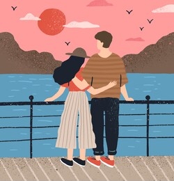 couple hugging standing on waterfront admiring seascape at sunset vector flat illustration. man and woman having romantic date back view. boyfriend and girlfriend relaxing together on embankment