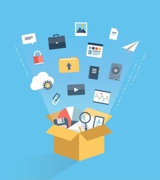 flat design style modern vector illustration concept of cloud computing technology service, web data storage and archive, information hosting and business document access via internet communication.