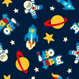 blast off with rockets and spaceman in a seamless pattern.