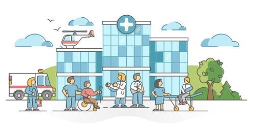 hospital building for patient medical health emergency aid outline concept. ambulance and clinic as doctor and nurse service for disease and trauma help vector illustration. sick people treatment.