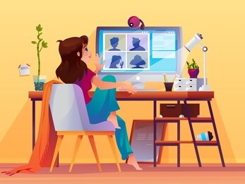 woman doing conference video call. girl at computer using online chat for professional meeting. cartoon people at distance discussion or remote presentation, training or seminar. modern communication