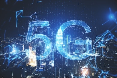 creative glowing 5g internet sign on city background. speed and technology concept.