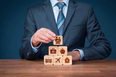 insurance company client take out complete insurance concept. assurance and insurance: car, real estate and property, travel, finances, health, family and life.