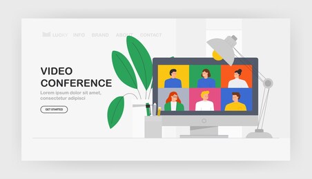 modern communication vector trendy illustration video call, banner, web. young man and women using video calling and messaging talking internet app on laptop or smartphone. flat cartoon style.