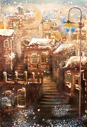 street lamp light in an old winter town. oil on canvas.
