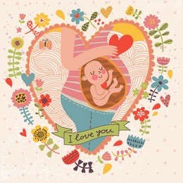 pregnancy concept card in cartoon style. baby and mother in love inside hearts and flowers