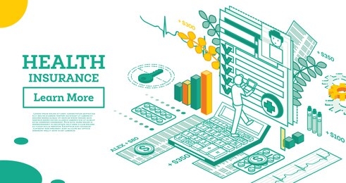 isometric health insurance contract. man fills form of insurance. vector illustration. health Сare concept. medical document form. calculator and cost of services.