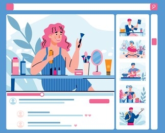 female beauty vlogger doing cosmetics review. online video tutorials on makeup. creating internet content, streaming videos, chat with subscribers. vector flat cartoon illustration