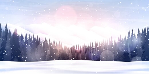 vector illustration. flat landscape. snowy background. snowdrifts. snowfall. clear blue sky. blizzard. cartoon wallpaper. winter season. forest trees and mountains. design for website, poster, banner