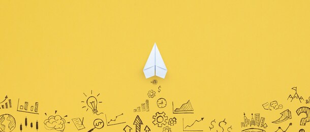 business success, innovation and solution concept, paper plane and business strategy on yellow background