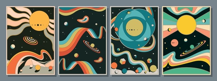 psychedelic space 1960s style backgrounds, illustrations, covers, posters templates
