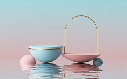 3d render, abstract modern minimal pink blue background with empty hemisphere podium, golden arch frame and reflection in the water on the wet floor. showcase with space for product displaying