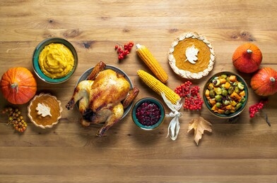thanksgiving dinner food, fall festive culinary concept, top down view, copy space for a text