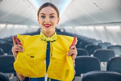 close up portrait of air hostess demonstrating safety procedures to passengers prior to flight take off