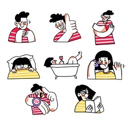 adorable couple interactions doodle illustration sticker collection first series. premium vector