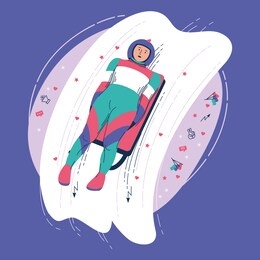 athlete-luge performs a turn in the competition. vector illustration isolated on a purple background. postcard, poster, banner