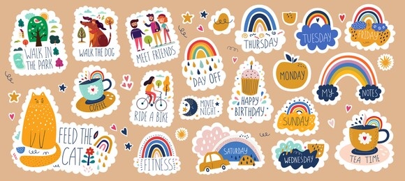 digital vector planner cute stickers isolated. every day digital planner stickers. 