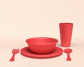 3d icon plate, fork, spoon and a glass, monochrome flat solid red color in white background, 3d icon set, 3d rendering, dinner table items