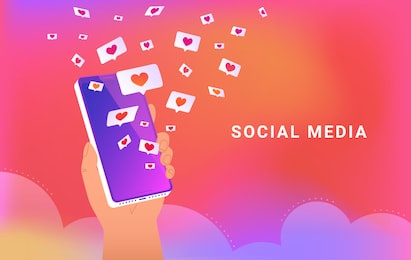 social media app with speech bubbles and hearts. human hand holds smartphone and loading many hearts of social media and dating app. vector illustration of speech bubbles on bright gradient background