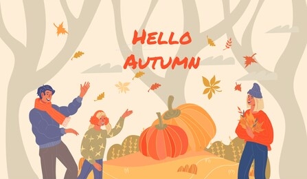 hello autumn banner template with family choosing pumpkins for autumn festive dinner. background for thanksgiving day or other fall season holidays, flat vector illustration.