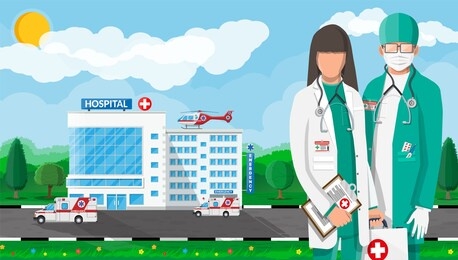 ambulance staff concept. hospital building, medical icon. healthcare, hospital and medical diagnostics. urgency and emergency services. road, sky, tree. car and helicopter. flat illustration