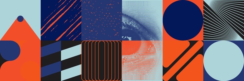 deconstructed postmodern inspired artwork of vector abstract symbols with bold geometric shapes, useful for web background, poster art design, magazine front page, hi-tech print, cover artwork.