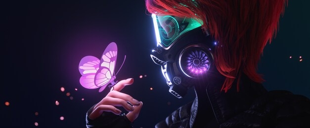 3d illustration of a cyberpunk girl in futuristic gas mask with protective green glasses and filters in jacket looking at the glowing butterfly landed on her finger in a night scene with air pollution