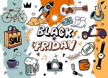 illustration,black friday sale hand drawn concept illustration.black friday sale hand lettering and doodles elements and symbols background. hand drawn illustration