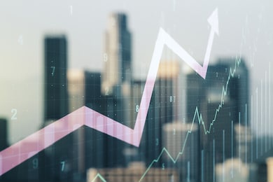 multi exposure of virtual abstract financial chart and upward arrow interface on blurry cityscape background, rise and breakthrough concept