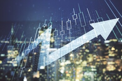 multi exposure of abstract financial diagram and upward arrow on blurry office buildings background, rise and breakthrough concept