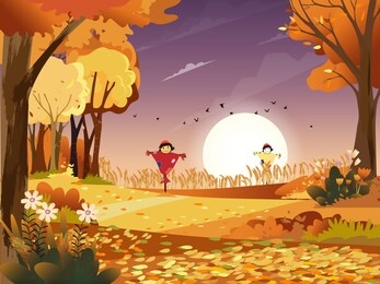 autumn landscape wonderland fores,mid autumn natural in orange foliage with ripe wheat fields and cute scarecrow in sunny day, cute cartoon smiling scarecrow standing on fram fields in fall season.