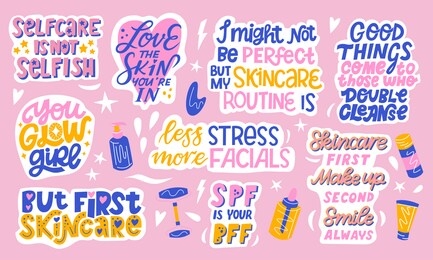 big set of skin care lettering quotes with cosmetics and beauty product elements in the background. hand drawn flat collection of stickers about beauty, self love, make up, face care and skin routine.