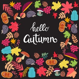  cute background with autumn season elements and  inscription hello autumn on dark background.