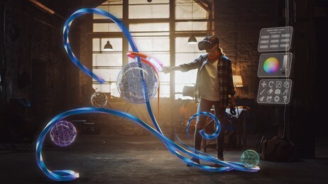 talented female artist wearing augmented reality headset working on abstract 3d sculpture with controllers, uses gestures to create multimedia internet concept art. 3d animation special effect