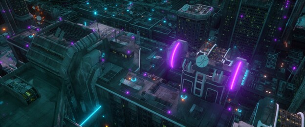 aerial view on a futuristic city. wallpaper in a cyberpunk style. cityscape from a top view. urban landscape with bright neon lights and huge futuristic buildings. 3d illustration.