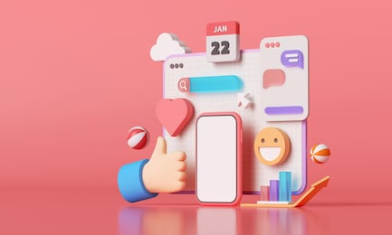 3d social media platform, online social communication applications concept, emoji, webpage, search icons, chat and chart with smartphone background. 3d illustration