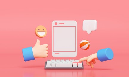 social media with photo frame, like button and cartoon hand on pink background illustration. 3d render