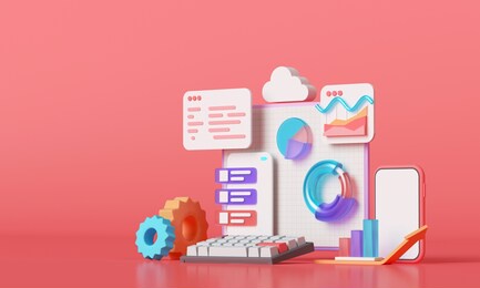 mobile application, software and web development with 3d shapes, bar chart, infographic on pink background. 3d rendering