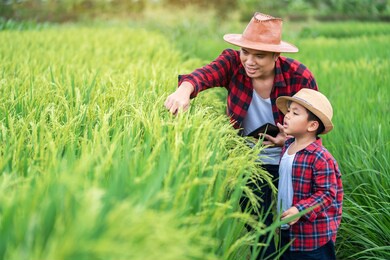 asian farmer and son learning the surroundings in the green fields in the age of technology, education concept outside the classroom educational freedom, father teaching children