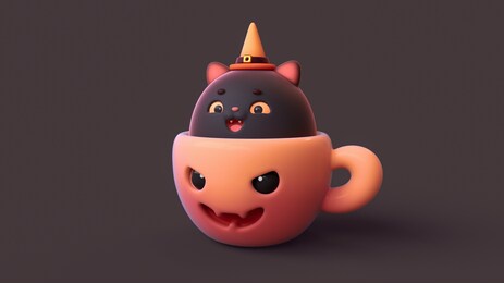 3d digital illustration of kawaii smiling cat in jack-o-lantern orange cup with a scary face, open mouth, teeth on dark backdrop. cute black kitten in witch hat peeks out from cup. happy halloween.