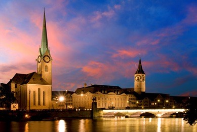 the night view of the fraumunster in zurich