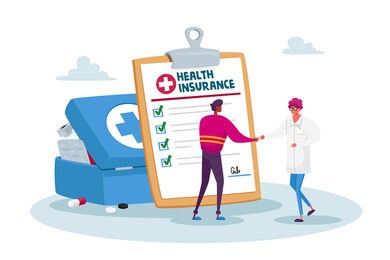 health insurance concept. doctor character shaking hand to patient front of huge policy paper document. health protection, secure and financial guarantee contract. cartoon people vector illustration