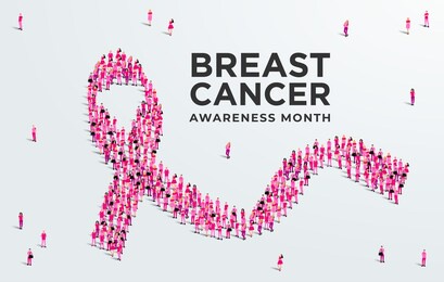 breast cancer awareness month concept poster. large group of people form to create a pink ribbon. vector illustration.